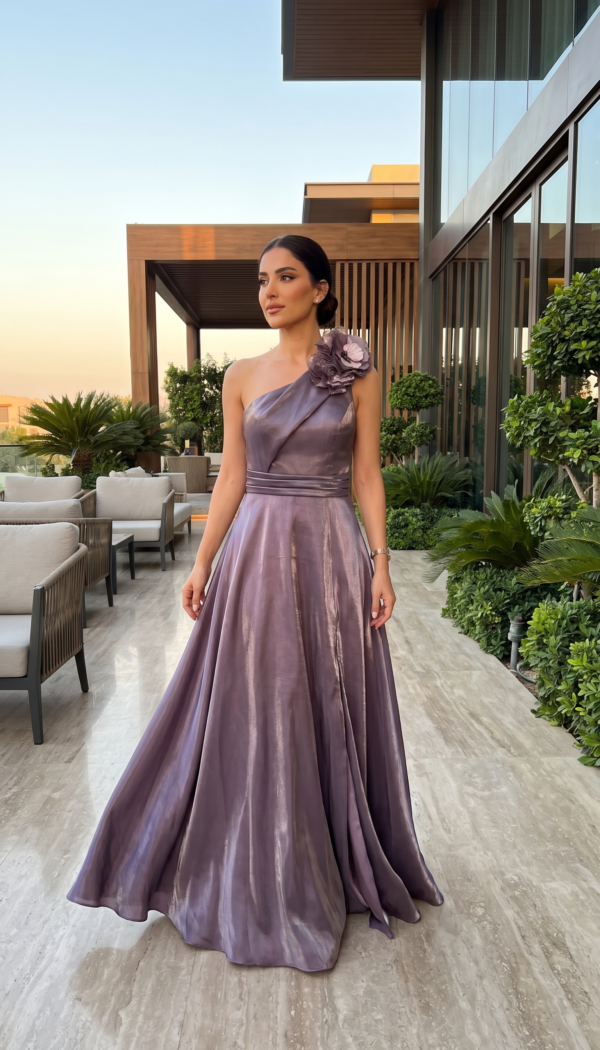 Dust Purple One-Shoulder Metallic A-Line Gown with Shoulder Rose