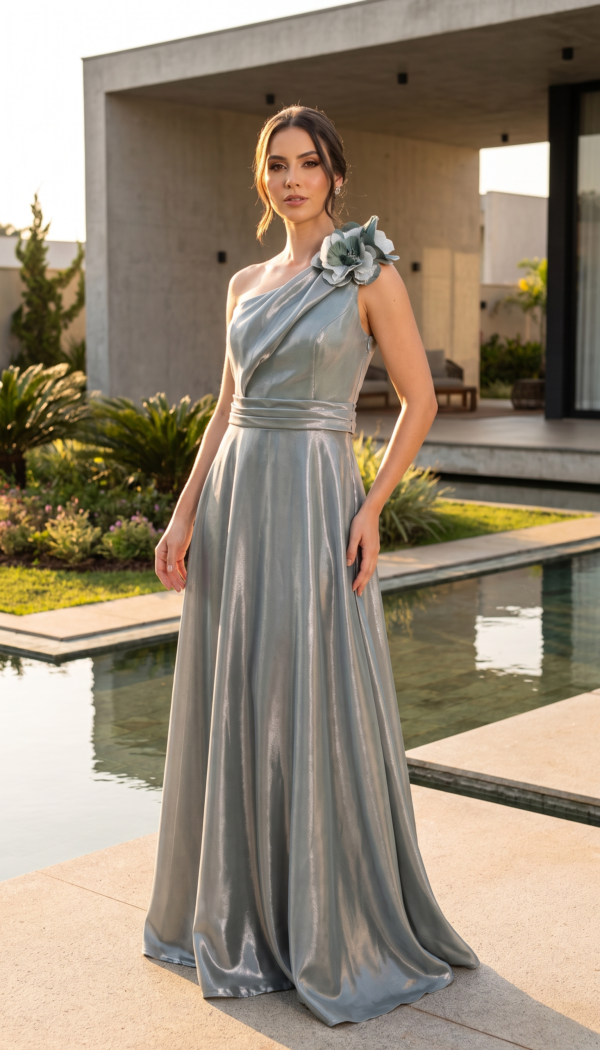 Sage Metallic One-Shoulder Formal Gown with 3D Flower Accent