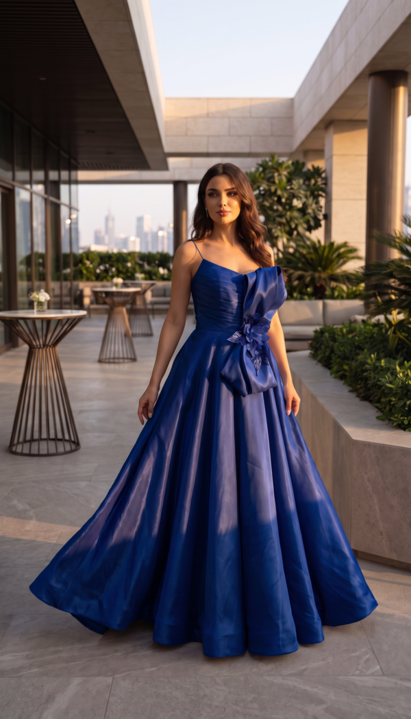 Royal Blue Satin Bow-Detailed A-Line Gown