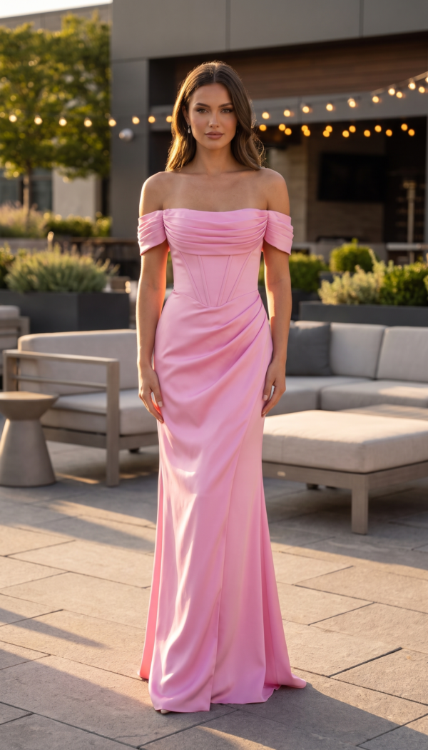 Soft Pink Off-Shoulder Draped Corset Satin Gown