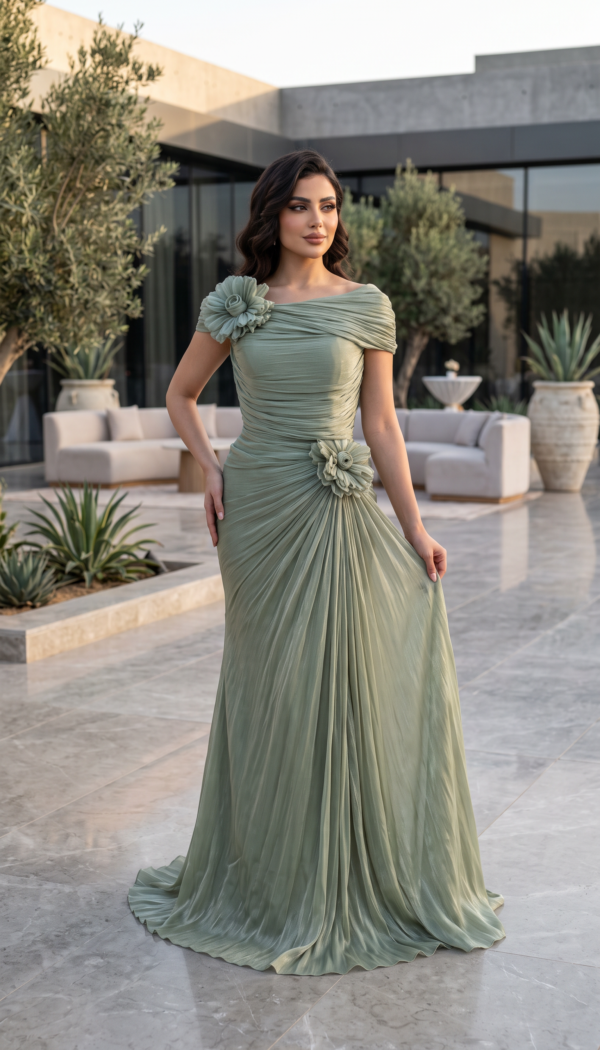 Sage Green Pleated Chiffon Gown with Dual Floral Corsages