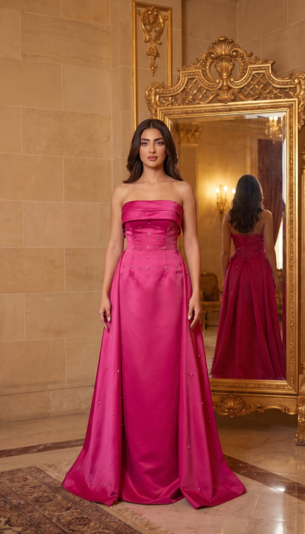 Magenta Pink Strapless Pearl-Embellished Satin Gown