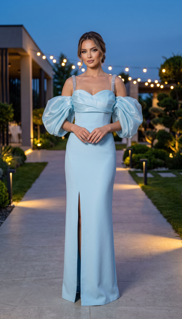 Ice Blue Cold-Shoulder Puff Sleeve Slit Gown with Beaded Straps