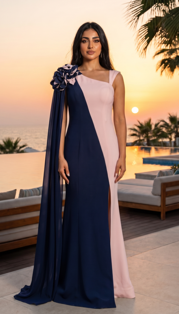 Navy & Blush Two-Tone Rosette Shoulder Gown