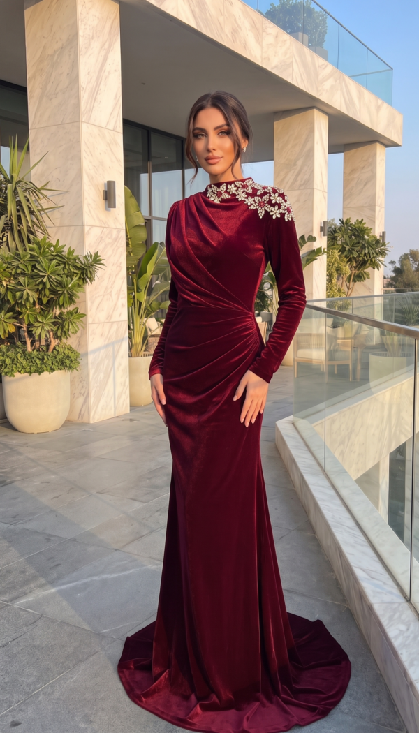 Burgundy Velvet Crystal-Embellished High-Neck Gown