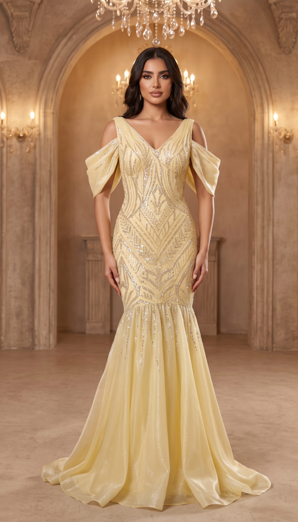 Pastel Yellow Cold-Shoulder Mermaid Gown