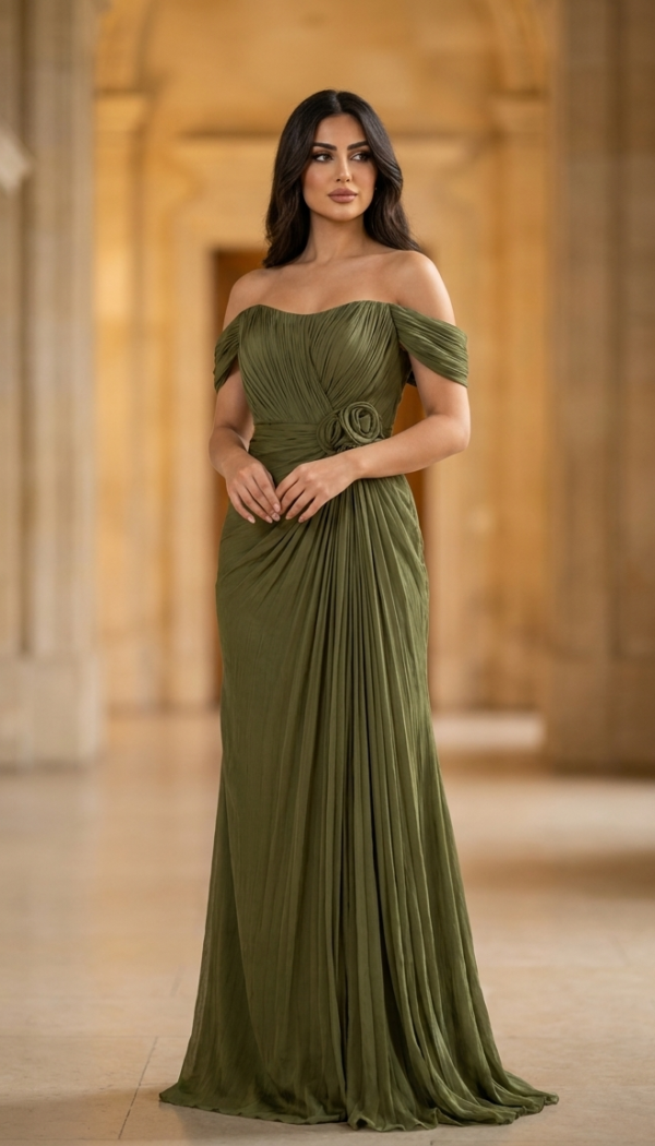 Olive Green Off-Shoulder Pleated Rosette Gown