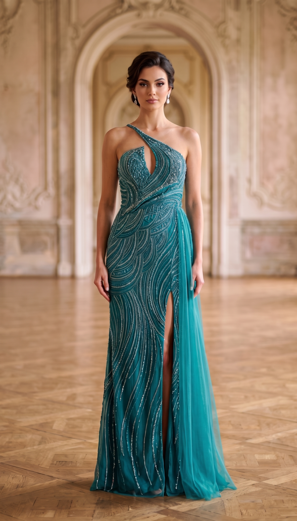 Teal Swirl-Embellished One-Shoulder Cutout Gown