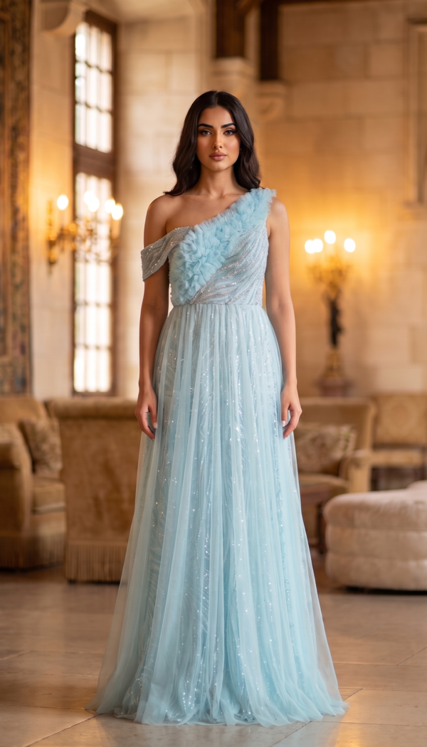 Sky Blue One-Shoulder Ruffled Tulle Gown