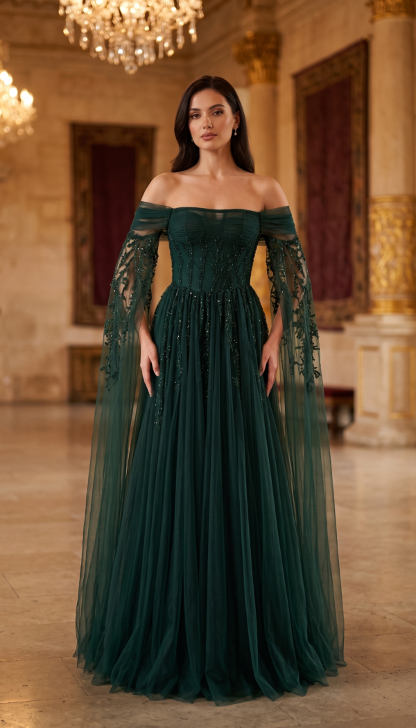 Emerald Green Off-Shoulder Cape-Sleeve Corset Gown