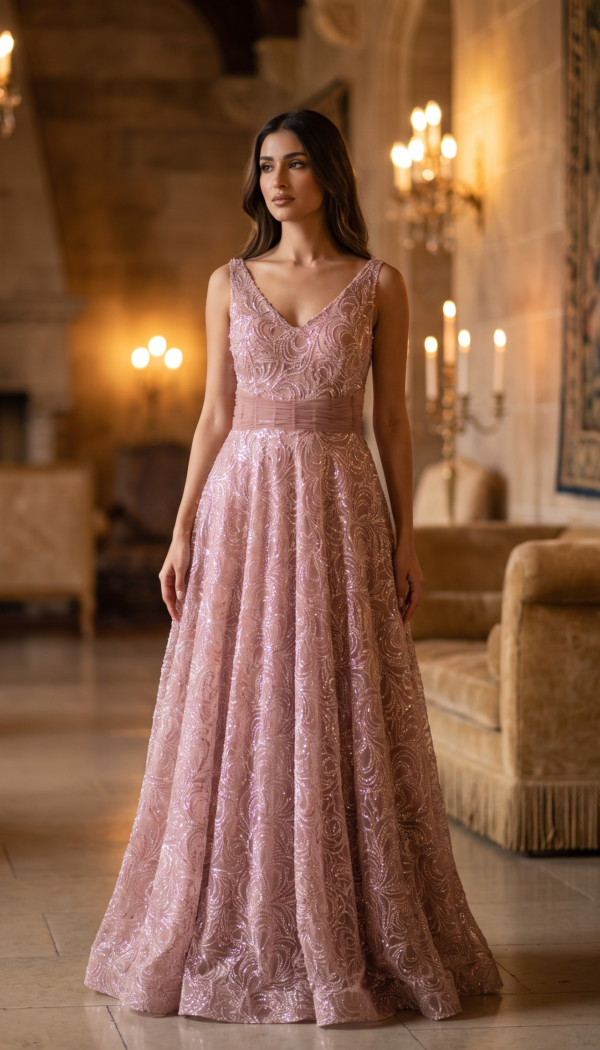 Dusty Rose Sequined V-Neck A-Line Gown