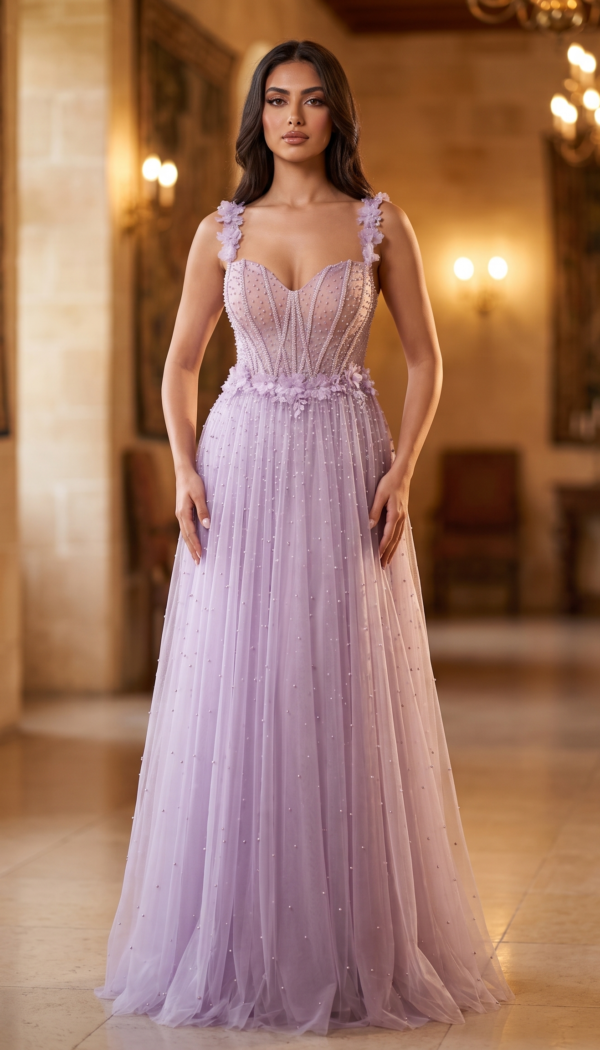 Lilac Pearl-Accented Corset Tulle Gown
