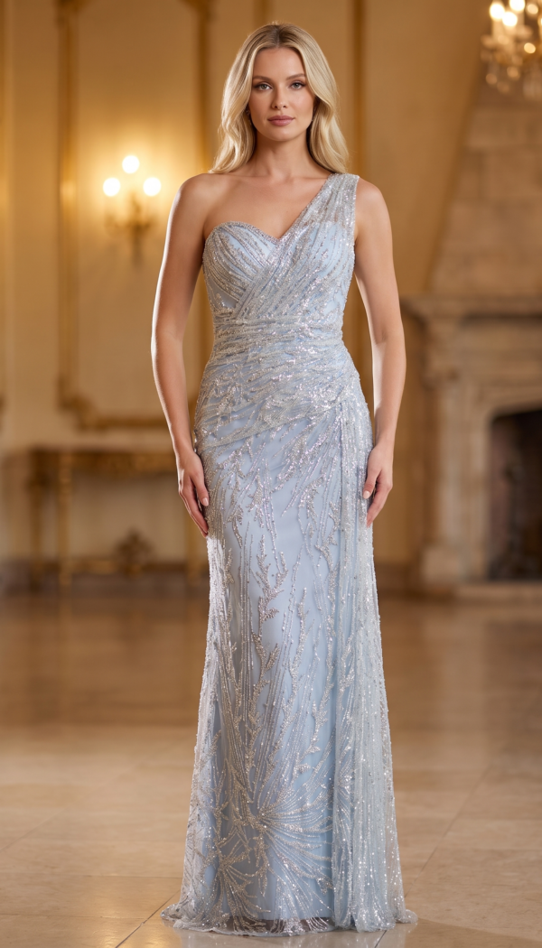 Ice Blue One-Shoulder Ruched Sequin Gown