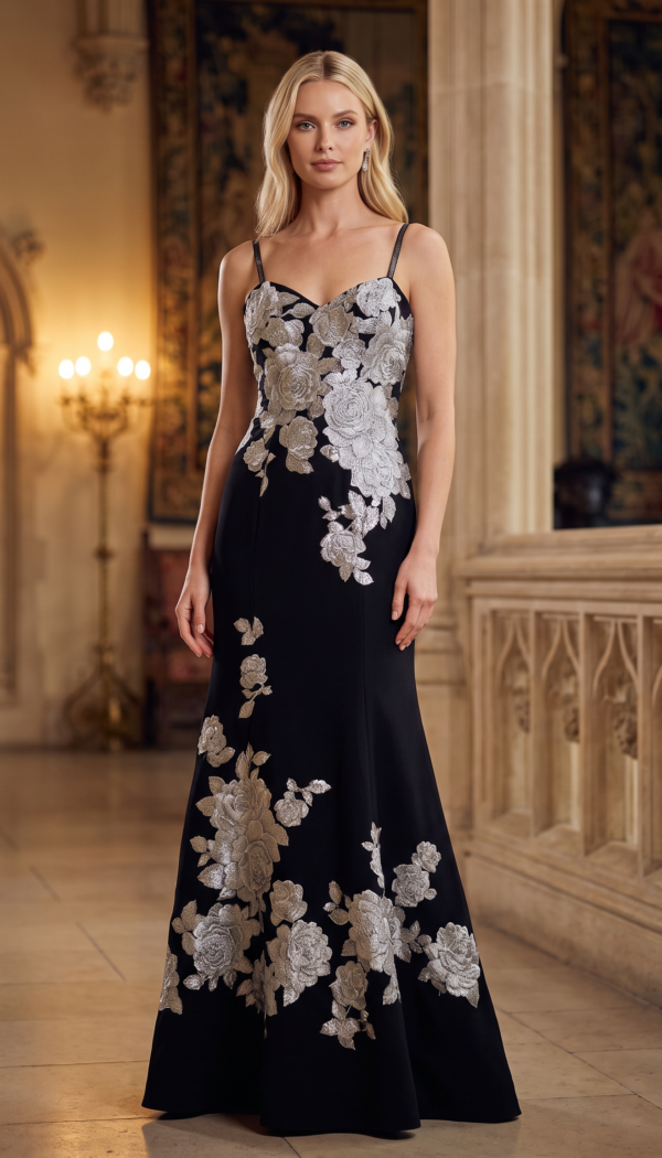 Black Silver Floral Embroidered Slip Gown