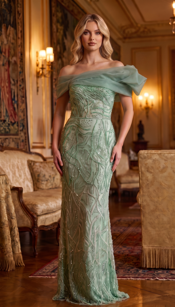 Sage Green Off-Shoulder Sequin Vine Gown