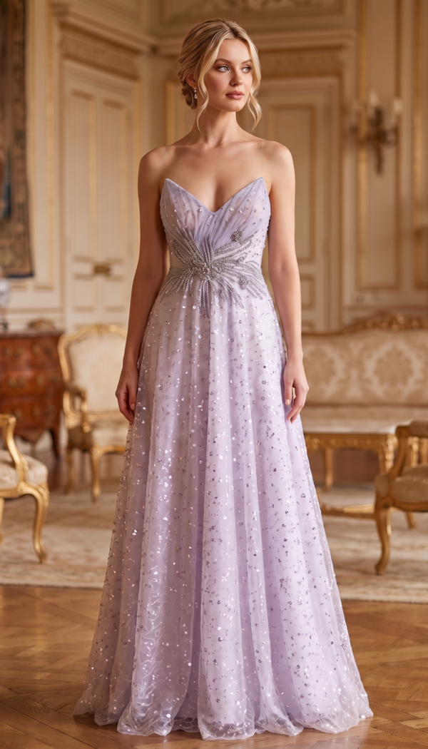 Lilac Sequin Starburst Corset A-Line Gown