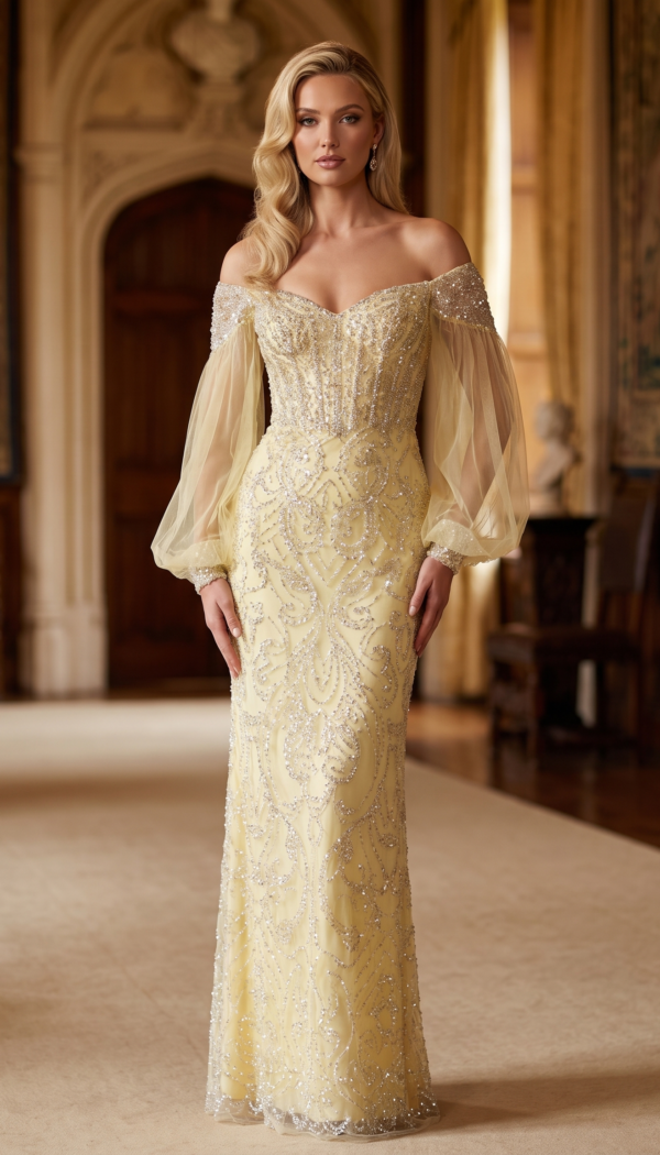Pastel Yellow Beaded Off-the-Shoulder Bishop Sleeve Gown