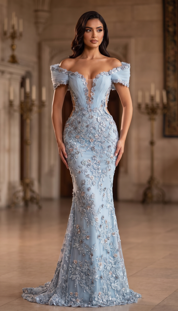 Ice Blue Floral Off-the-Shoulder Mermaid Gown