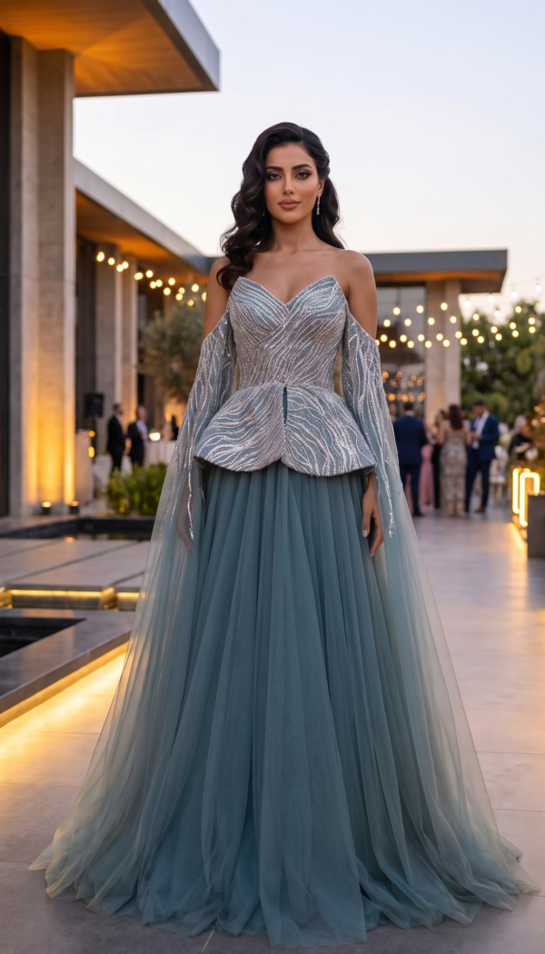 Dusty Blue Embroidered Peplum Tulle Ball Gown