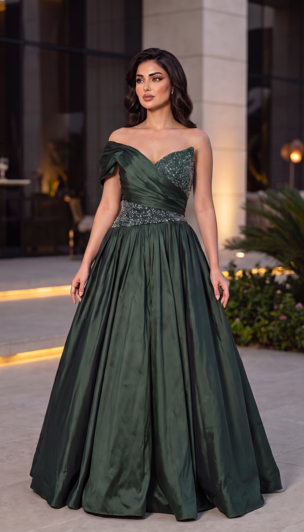 Emerald Green Draped Satin & Sequin A-Line Gown