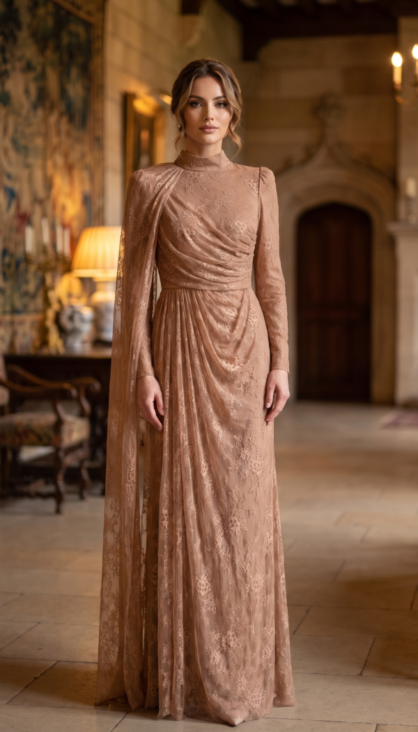 Muted Gold Lace High-Neck Draped Cape Gown