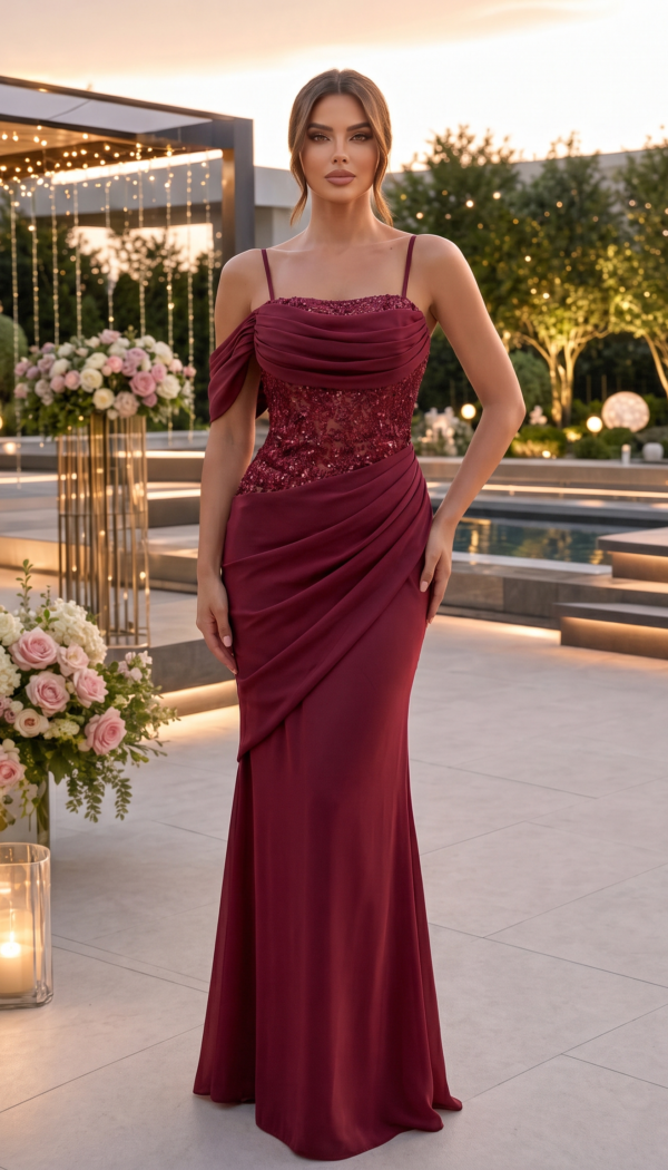 Burgundy Sequin Ruched Off-Shoulder Gown