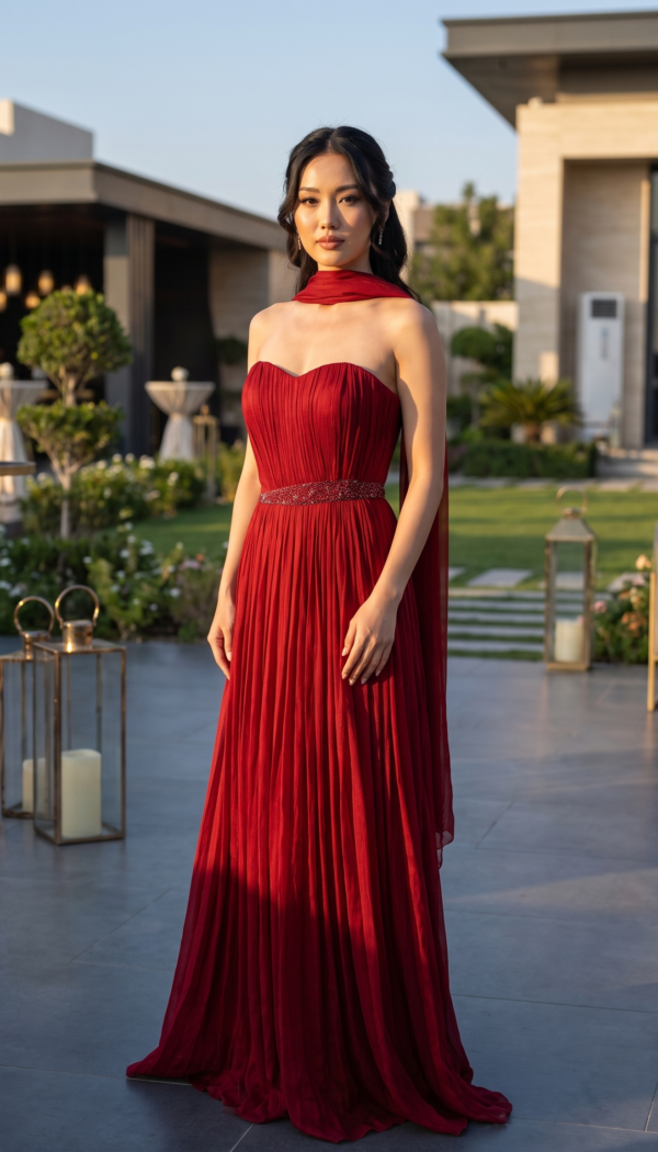 Ruby Red Pleated Strapless Chiffon Gown with Scarf