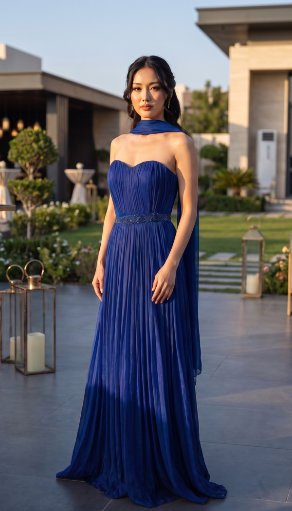 Royal Blue Pleated Strapless Chiffon Gown with Scarf