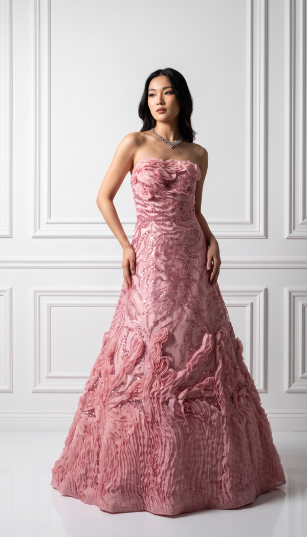 Mauve Ombré Off-The-Shoulder Beaded Gown with Velvet Puff Sleeves