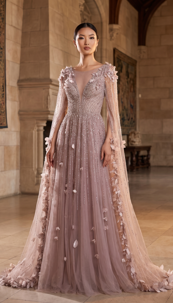 Dusty Lilac Beaded Illusion V-Neck Feather Cape Gown