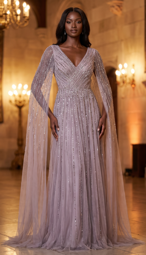 Dusty Lavender Beaded V-Neck Cape Sleeved Gown