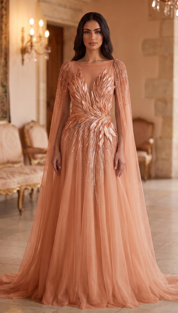 Peach Coral Feather Applique Cape Evening Gown