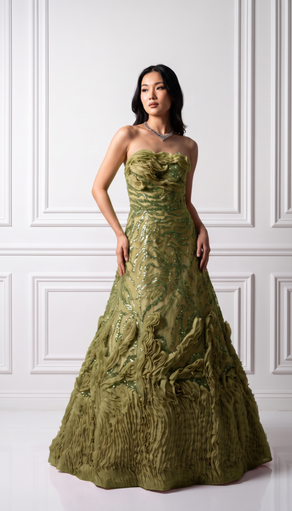 Olive Green Strapless Textured Ruffle Sequin Ballgown