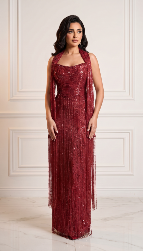 Burgundy Sequined Fringe Halterneck Column Gown