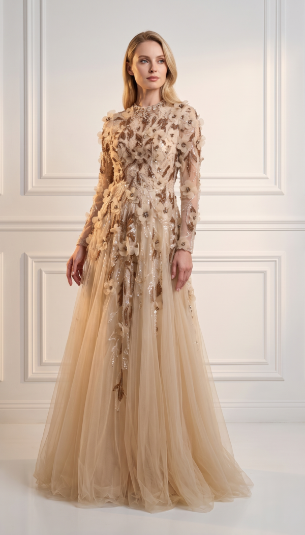 Nude Gold 3D Floral Appliqué Long Sleeve Tulle Ballgown