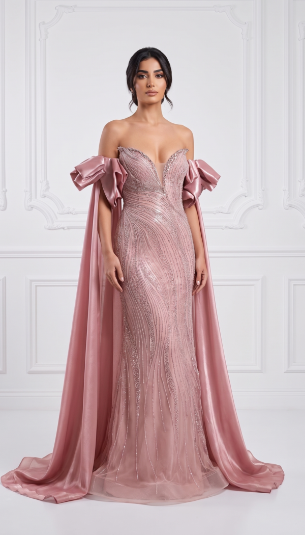 Blush Pink Off-The-Shoulder Beaded Mermaid Gown with Satin Cape